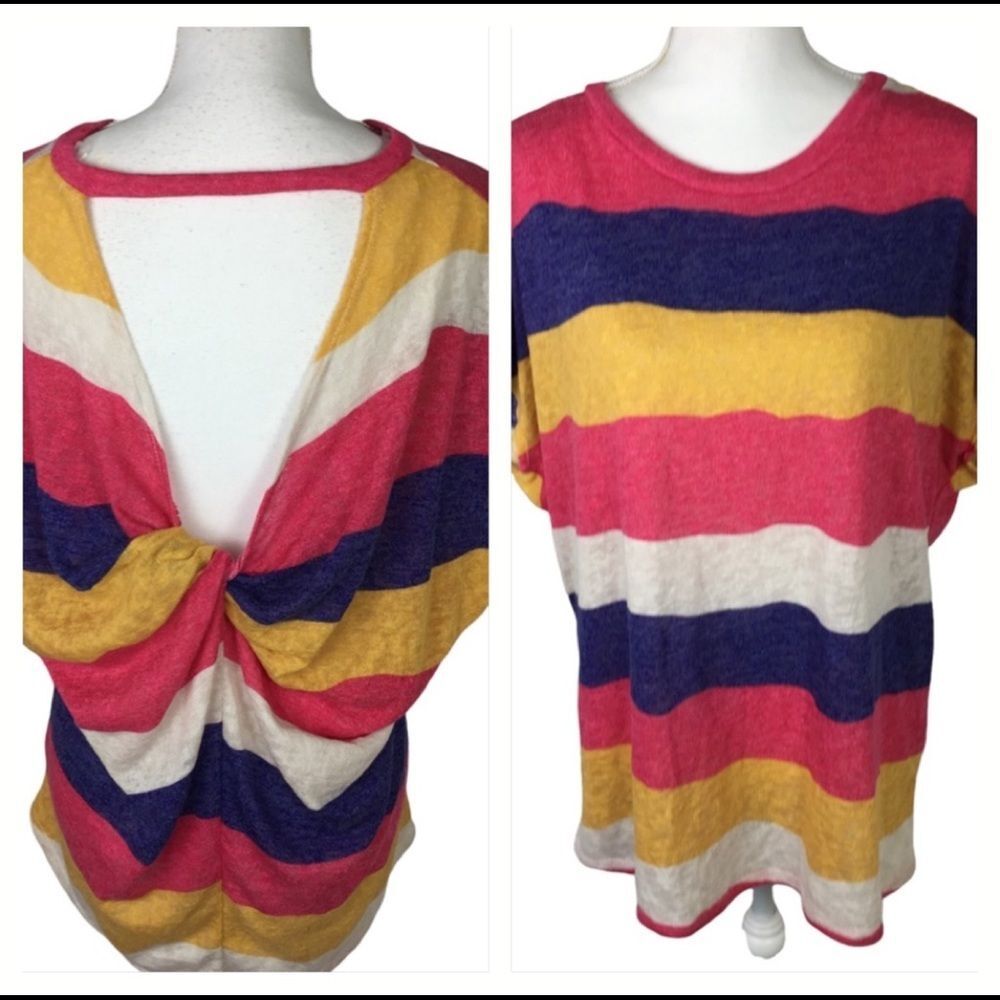 NWOT Twist Back Striped Oversized Top Blouse CY Fashion Shirt Rainbow Knit